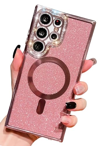 HALATUA Luxuriöse magnetische Schutzhülle für Samsung Galaxy S24 Ultra [kompatibel mit MagSafe], glitzernde Strasssteine, weiche TPU-Hülle (Roségold, S24 Ultra) von HALATUA