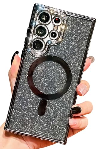 HALATUA Luxuriöse magnetische Schutzhülle für Samsung Galaxy S24 Ultra [kompatibel mit MagSafe], glitzernde Strasssteine, weiche TPU-Hülle (Schwarz, S24 Ultra) von HALATUA