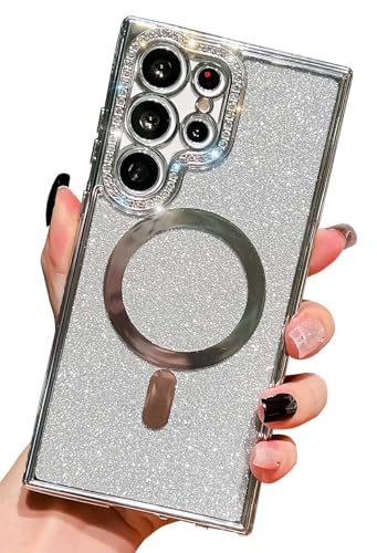 HALATUA Luxuriöse magnetische Schutzhülle für Samsung Galaxy S24 Ultra [kompatibel mit MagSafe], glitzernde Strasssteine, weiche TPU-Hülle (Silber, S24 Ultra) von HALATUA