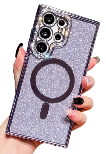HALATUA Luxuriöse magnetische Schutzhülle für Samsung Galaxy S24 Ultra [kompatibel mit MagSafe], glitzernde Strasssteine, weiche TPU-Hülle (lila, S24 Ultra) von HALATUA