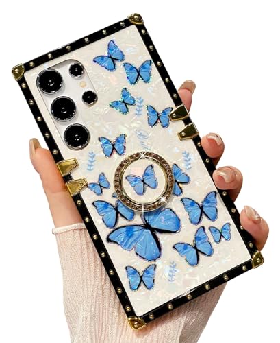 HALATUA Luxuriöse rechteckige Schutzhülle für Samsung Galaxy S25 Ultra mit Diamant-Ring-Halterung, Ständer, glitzerndes Schmetterlingsmuster, Perlmuttstruktur, für Damen und Mädchen, Blau HALATUA Luxuriöse rechteckige Schutzhülle für Samsung Galaxy S25 Ultra mit Diamant-Ring-Halterung, Ständer, glitzerndes Schmetterlingsmuster, Perlmuttstruktur, für Damen und Mädchen, Blau von HALATUA