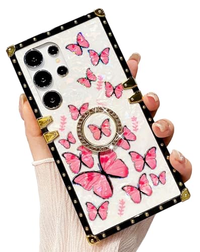 HALATUA Luxuriöse rechteckige Schutzhülle für Samsung Galaxy S25 Ultra mit Diamant-Ring-Halterung, Ständer, glitzerndes Schmetterlingsmuster, Perlmuttstruktur, für Damen und Mädchen, Rosa von HALATUA