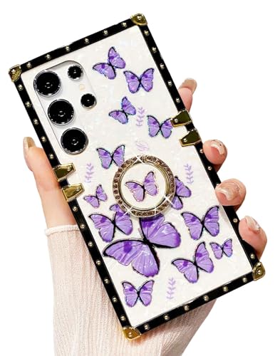 HALATUA Luxuriöse rechteckige Schutzhülle für Samsung Galaxy S25 Ultra mit Diamant-Ring-Halterung, Ständer, glitzerndes Schmetterlingsmuster, Perlmuttstruktur, für Damen und Mädchen, Violett von HALATUA