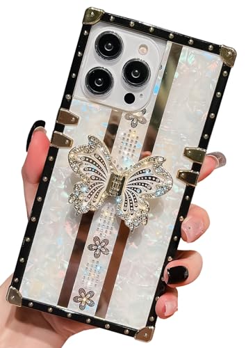 HALATUA Niedliche Schutzhülle für iPhone 11, luxuriös, glitzernd, Schmetterling, klappbarer Ständer, Ständer für Damen und Mädchen, flexibel, stoßfest, 15,5 cm (6,1 Zoll), Weiß von HALATUA