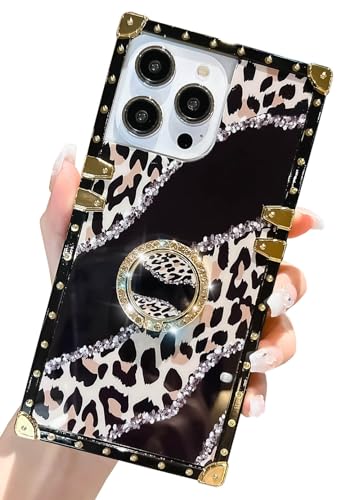 HALATUA Schutzhülle für iPhone 14 Pro Max, luxuriös, quadratische Kanten, Diamant-Ständer, Leopardenmuster, weiches TPU, mil-grad, stoßfest, für Mädchen und Frauen (schwarz) von HALATUA