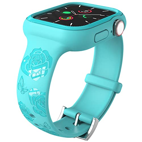 Für Apple Watch Armband (40/41mm) mit hülle,Floral gravierte Apple watch Bumper Case Cover mit Armband Damen TPU Rose Blume Laser Cut Sport Band für iWatch Serie 8/7/6/SE/5/4,Türkisblau von HALLEAST