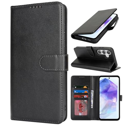 HALLKER Handyhülle für Samsung Galaxy A55 Hülle, PU Lederhülle mit Kartenfach Schutzhülle Klappbar Flip Case Klapphülle für Samsung Galaxy A55 - schwarz von HALLKER