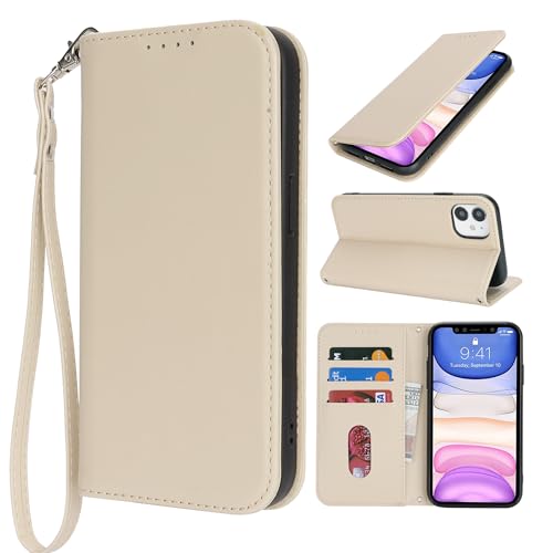 HALLKER Handyhülle für iPhone 11 Hülle, Klapphülle PU Leder Schutzhülle Klappbar Kartenfach Magnetverschluss Lederhülle für iPhone 11 - beige von HALLKER