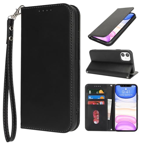 HALLKER Handyhülle für iPhone 11 Hülle, Klapphülle PU Leder Schutzhülle Klappbar Kartenfach Magnetverschluss Lederhülle für iPhone 11 - schwarz von HALLKER