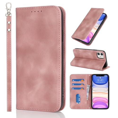 HALLKER Handyhülle für iPhone 11 Hülle Klappbar, PU Leder Klapphülle Schutzhülle Kartenfach Magnetverschluss Lederhülle für iPhone 11 - rosa von HALLKER