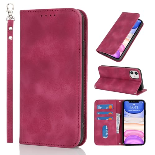 HALLKER Handyhülle für iPhone 11 Hülle Klappbar, PU Leder Klapphülle Schutzhülle Kartenfach Magnetverschluss Lederhülle für iPhone 11 - rot von HALLKER