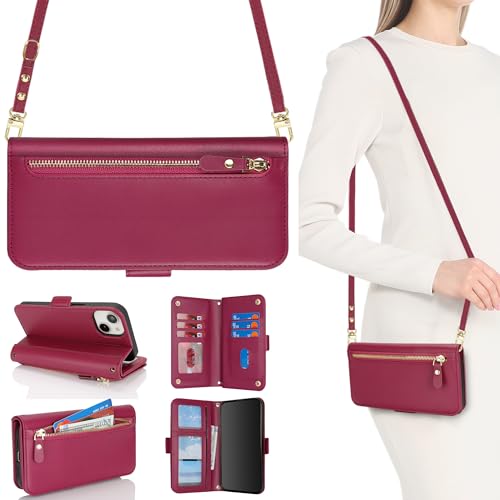 HALLKER Handyhülle für iPhone 13 Hülle mit Band, Klapphülle PU Leder Kartenfach mit Abnehmbarer und Verstellbarem Schultergurt Handykette, Reißverschluss-Tasche für Münzen - Wein rot HALLKER Handyhülle für iPhone 13 Hülle mit Band, Klapphülle PU Leder Kartenfach mit Abnehmbarer und Verstellbarem Schultergurt Handykette, Reißverschluss-Tasche für Münzen - Wein rot von HALLKER