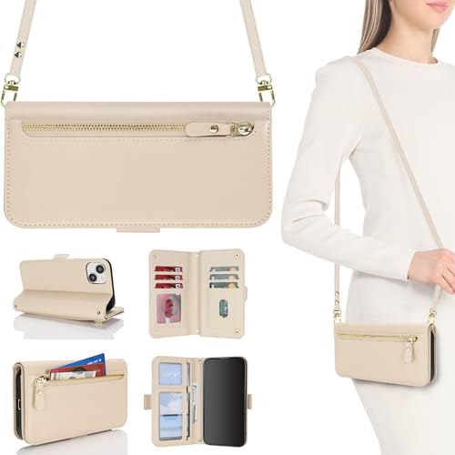 HALLKER Handyhülle für iPhone 13 Hülle mit Band, Klapphülle PU Leder Kartenfach mit Abnehmbarer und Verstellbarem Schultergurt Handykette, Reißverschluss-Tasche für Münzen - beige von HALLKER