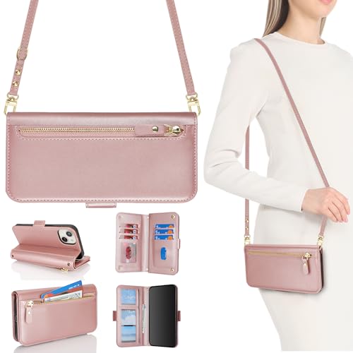 HALLKER Handyhülle für iPhone 13 Hülle mit Band, Klapphülle PU Leder Kartenfach mit Abnehmbarer und Verstellbarem Schultergurt Handykette, Reißverschluss-Tasche für Münzen - roségold von HALLKER
