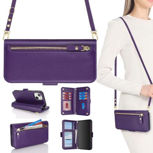 HALLKER Handyhülle für iPhone 13 Hülle mit Band, Klapphülle PU Leder Kartenfach mit Abnehmbarer und Verstellbarem Schultergurt Handykette, Reißverschluss-Tasche für Münzen - violett von HALLKER