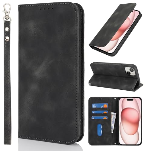 HALLKER Handyhülle für iPhone 15 Hülle Klappbar, PU Leder Klapphülle Schutzhülle Kartenfach Magnetverschluss Lederhülle für iPhone 15 - Vintage schwarz HALLKER Handyhülle für iPhone 15 Hülle Klappbar, PU Leder Klapphülle Schutzhülle Kartenfach Magnetverschluss Lederhülle für iPhone 15 - Vintage schwarz von HALLKER