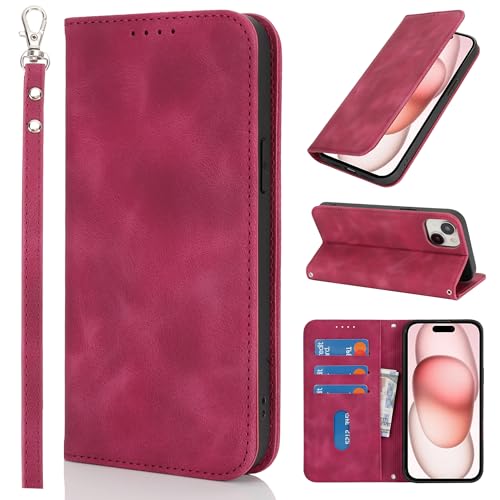 HALLKER Handyhülle für iPhone 15 Hülle Klappbar, PU Leder Klapphülle Schutzhülle Kartenfach Magnetverschluss Lederhülle für iPhone 15 - rot von HALLKER