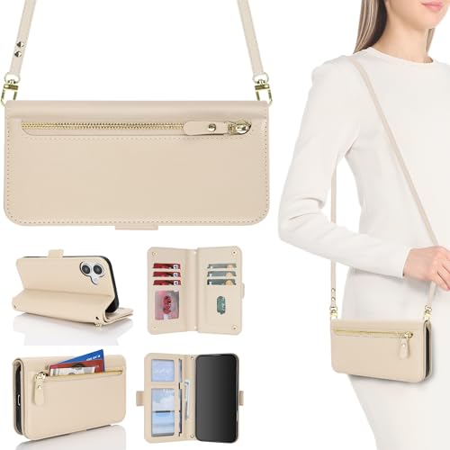 HALLKER Handyhülle für iPhone 16 Hülle mit Band, Klapphülle PU Leder Kartenfach mit Abnehmbarer und Verstellbarem Schultergurt Handykette, Reißverschluss-Tasche für Münzen - beige HALLKER Handyhülle für iPhone 16 Hülle mit Band, Klapphülle PU Leder Kartenfach mit Abnehmbarer und Verstellbarem Schultergurt Handykette, Reißverschluss-Tasche für Münzen - beige von HALLKER