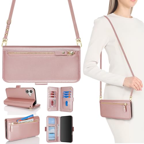 HALLKER Handyhülle für iPhone 16 Hülle mit Band, Klapphülle PU Leder Kartenfach mit Abnehmbarer und Verstellbarem Schultergurt Handykette, Reißverschluss-Tasche für Münzen - roségold HALLKER Handyhülle für iPhone 16 Hülle mit Band, Klapphülle PU Leder Kartenfach mit Abnehmbarer und Verstellbarem Schultergurt Handykette, Reißverschluss-Tasche für Münzen - roségold von HALLKER