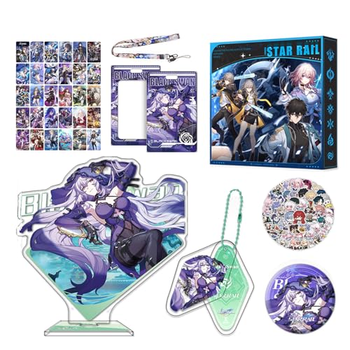 HALOOP Honkai Star Rail Merch HSR Box Geschenkset mit Acrylständer, Schlüsselanhänger, Ausweishalter, Schlüsselband, Abzeichen, 30 Karten, 65 Aufkleber (Schwarzer Schwan) von HALOOP