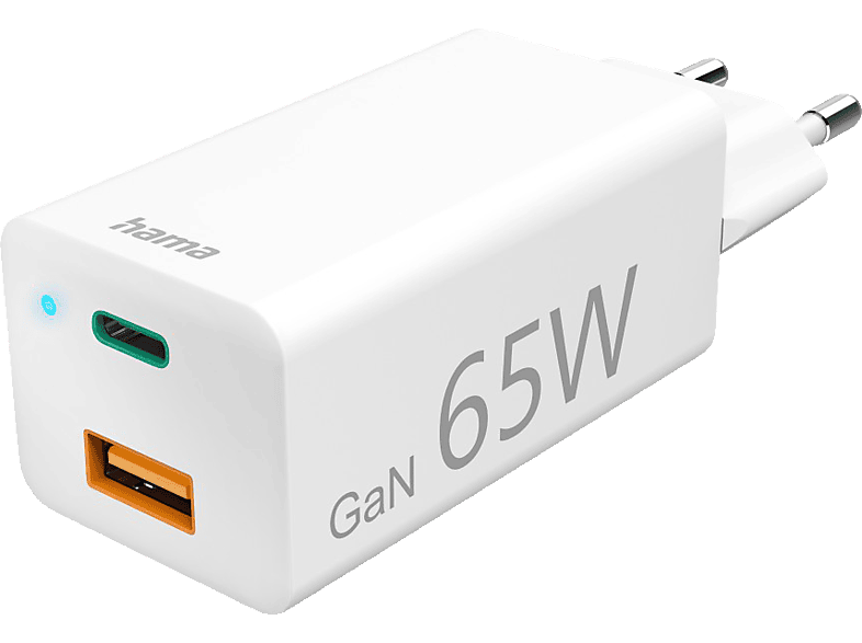 HAMA GaN 2 Ports, USB-C, USB-A Schnellladegerät Universal 65 Watt, Weiß von HAMA