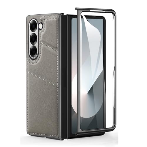 HAMEXLN Grau,Fold 6, Handyhülle Für Samsung Galaxy Z Fold 6, Versteck Kartenfächern Ständer Galvanisierte Leder Hülle Mit Bildschirmschutz Stoßfest Fall von HAMEXLN