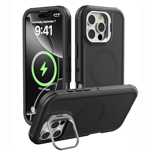 HAMEXLN Hülle Für iPhone 16 Pro Max/16 Pro/16 Plus/16, Kameraschutz Ständer Magnetisches Handyhülle Stoßfest Kabellos Laden Hart Fall,Schwarz,16 Pro von HAMEXLN