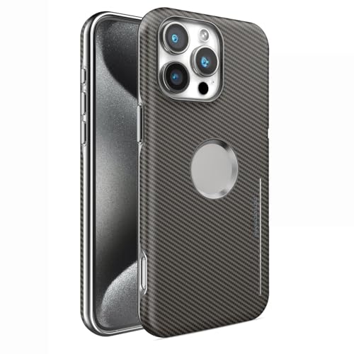 HAMEXLN Hülle Für iPhone 16 Pro Max/16 Pro/16 Plus/16, Kohlefaser Muster Leder Handyhülle Logo Ansicht Anti-Fingerabdruck Geschäft Schutzhülle,Grau,16 Pro von HAMEXLN