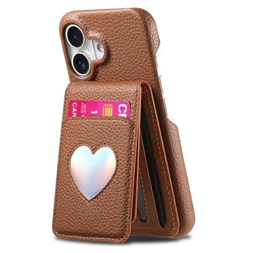 HAMEXLN Hülle Leder Für iPhone 16 Pro Max/16 Pro/16 Plus/16, Mode Brieftasche Handyhülle Spiegel Kartenfächern Ständer Schutzhülle,Braun,16 von HAMEXLN