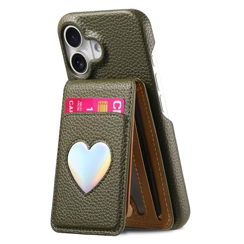 HAMEXLN Hülle Leder Für iPhone 16 Pro Max/16 Pro/16 Plus/16, Mode Brieftasche Handyhülle Spiegel Kartenfächern Ständer Schutzhülle,Grün,16 Plus von HAMEXLN
