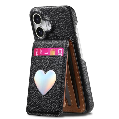 HAMEXLN Hülle Leder Für iPhone 16 Pro Max/16 Pro/16 Plus/16, Mode Brieftasche Handyhülle Spiegel Kartenfächern Ständer Schutzhülle,Schwarz,16 Pro Max von HAMEXLN