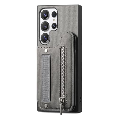 HAMEXLN Leder Handyhülle Für Samsung Galaxy S25 Ultra/S25 Plus, Brieftasche Hülle Mit Elastisches Armband Kartenfach Ständer Schutzhülle,Grau,S25plus von HAMEXLN