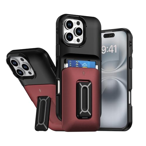 HAMEXLN Rot,16 Pro Max, Hülle Für iPhone 16 Pro Max, Schutzhülle Mit Versteckter Kartenschlitz Ständer Stoßfest Harte Handyhülle von HAMEXLN