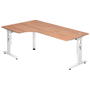 HAMMERBACHER Gradeo höhenverstellbarer Schreibtisch nussbaum L-Form, C-Fuß-Gestell weiß 200,0 x 80,0/120,0 cm von HAMMERBACHER