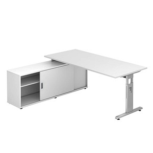 HAMMERBACHER höhenverstellbarer Schreibtisch weiß rechteckig, T-Fuß-Gestell weiß 180,0 x 80,0 cm von HAMMERBACHER