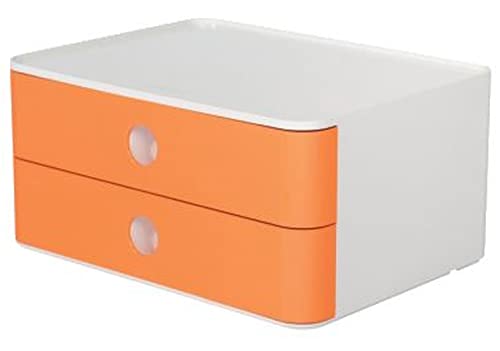 HAN Schubladenbox Allison SMART-BOX mit 2 Schubladen und Trennwand, Kabelführung, stapelbar, Utensilienbox für Büro, Schreibtisch Küche, möbelschonende Gummifüße, 1120-81, hochglänzend apricot orange von HAN