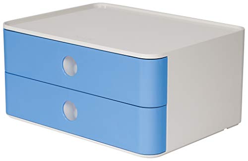 HAN Schubladenbox Allison SMART-BOX mit 2 Schubladen und Trennwand, Kabelführung, stapelbar, Utensilienbox für Büro, Schreibtisch Küche, möbelschonende Gummifüße, 1120-84, hochglänzend sky blue von HAN