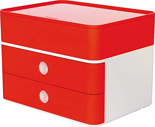 HAN Schubladenbox Allison SMART-BOX plus mit 2 Schubladen, Trennwand sowie Utensilienbox, inkl. Kabelführung, stapelbar, Büro, Schreibtisch möbelschonende Gummifüße, 1100-17, hochglänzend cherry red von HAN