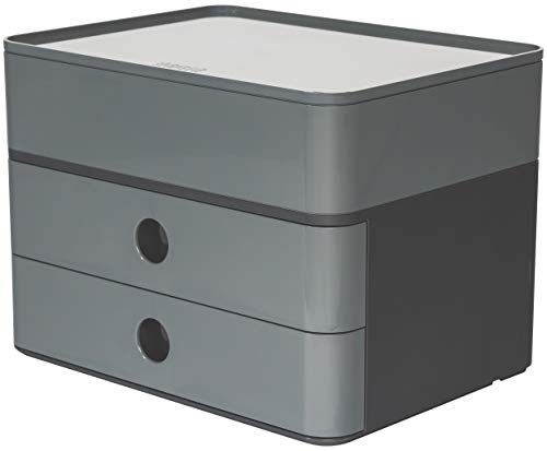 HAN Schubladenbox Allison SMART-BOX plus mit 2 Schubladen, Trennwand sowie Utensilienbox, inkl. Kabelführung, stapelbar, Büro, Schreibtisch möbelschonende Gummifüße, 1100-19, hochglänzend granity grey von HAN