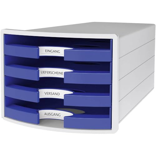 HAN Schubladenbox IMPULS 2.0 mit 4 offenen Schubladen für DIN A4/C4 inkl. Beschriftungsschilder, Auszugsperre, möbelschonende Gummifüße, Design in premium Qualität, 1013-14, lichtgrau / blau von HAN