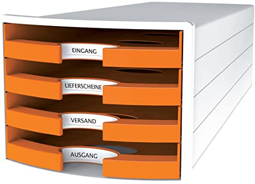 HAN Schubladenbox IMPULS 2.0 mit 4 offenen Schubladen für DIN A4/C4 inkl. Beschriftungsschilder, Auszugsperre, möbelschonende Gummifüße, Design in premium Qualität, 1013-51, weiß / orange von HAN