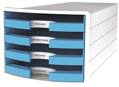 HAN Schubladenbox IMPULS 2.0 mit 4 offenen Schubladen für DIN A4/C4 inkl. Beschriftungsschilder, Auszugsperre, möbelschonende Gummifüße, Design in premium Qualität, 1013-54, weiß / hellblau von Hanlesi