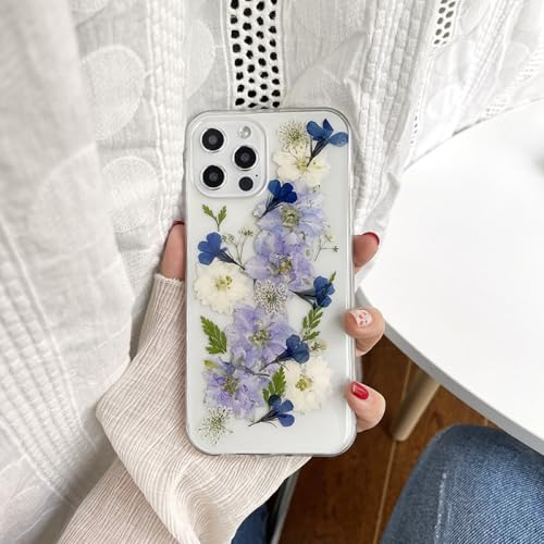 HANASE Echte gepresste getrocknete Blumen Handyhülle für iPhone X XS Max XR 7 8 Plus 14 13 12 11 Pro Max SE Hülle Soft Floral Cover,1,Für iPhone 12 von HANASE