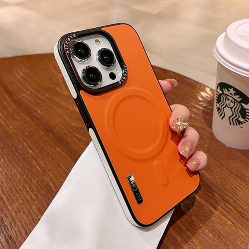 HANASE Luxuriöse magnetische Handyhülle aus mattem Leder für iPhone 14 Pro Max 14 13 12, kabelloses Laden, stoßfeste Stoßstangenabdeckung, orange, für iPhone 13 Pro von HANASE