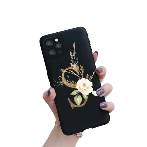 HANASE Soild Black Flower Initial Letter Case für iPhone 11 12 Mini Pro Max 7 8 Plus SE 2020 X XR XS Max Soft Cover Paare Handyhüllen, S, für iPhone 12 Pro von HANASE