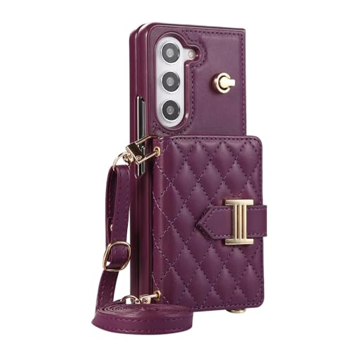 HANASE Umhängetasche mit Kartenhalter, Brieftasche, Lederhülle für Samsung Galaxy Z Fold 5 4 3 5G Fold5, Kartenschlitzhalter, Umhängeband, Tasche mit Riemen, Dunkelviolett, für Z Fold 5 von HANASE