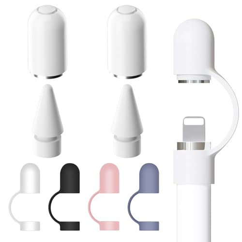 HANIUTTY 8 Stück Pencil Kappe für Apple Pencil Deckel(2 StüCk Weiß Kappe Und Tip, 4 StüCk Schutzhülle), Apple Pencil 1. Generation Kappe, Anti-Verlust Aus Silikon für Apple Pencil Kappe von HANIUTTY