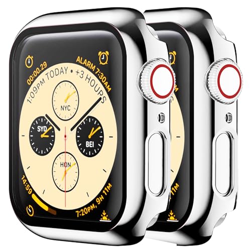 HANKN 2 Stück Temperierte Glas 40mm Hülle für Apple Watch Series 6 5 4 SE 40mm Temperierte Glas Schutzhülle, Plattiert Hart Bildschirmschutz Gehäuse iWatch - Silber, 40 mm von HANKN