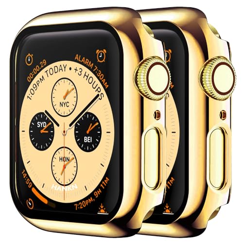 HANKN (2 Stück 41mm Hülle für Apple Watch Series 9 8 7 41mm Hartglas Schutzhülle, Plattiert Hart Bildschirmschutz Gehäuse iWatch Eingebaut Displayschutzfolie - Gold, 41 mm von HANKN