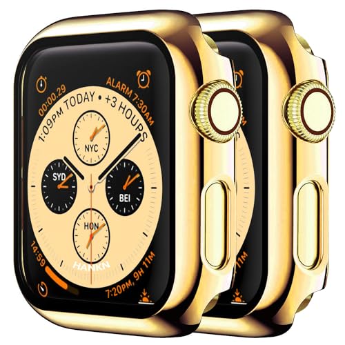 HANKN (2 Stück Hülle für Apple Watch Series 3 2 1 38mm Temperierte Glas Schutzhülle, Plattiert Hart Bildschirmschutz Gehäuse iWatch Eingebaut Displayschutzfolie - Gold, 38 mm von HANKN